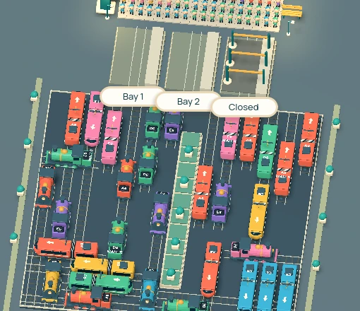 Gameplay detail showing colorful trains and passenger queues in Boarding Rush