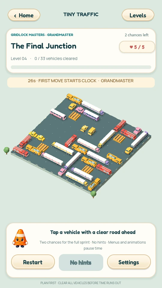 Actual Tiny Traffic gameplay: a dense Grandmaster car puzzle