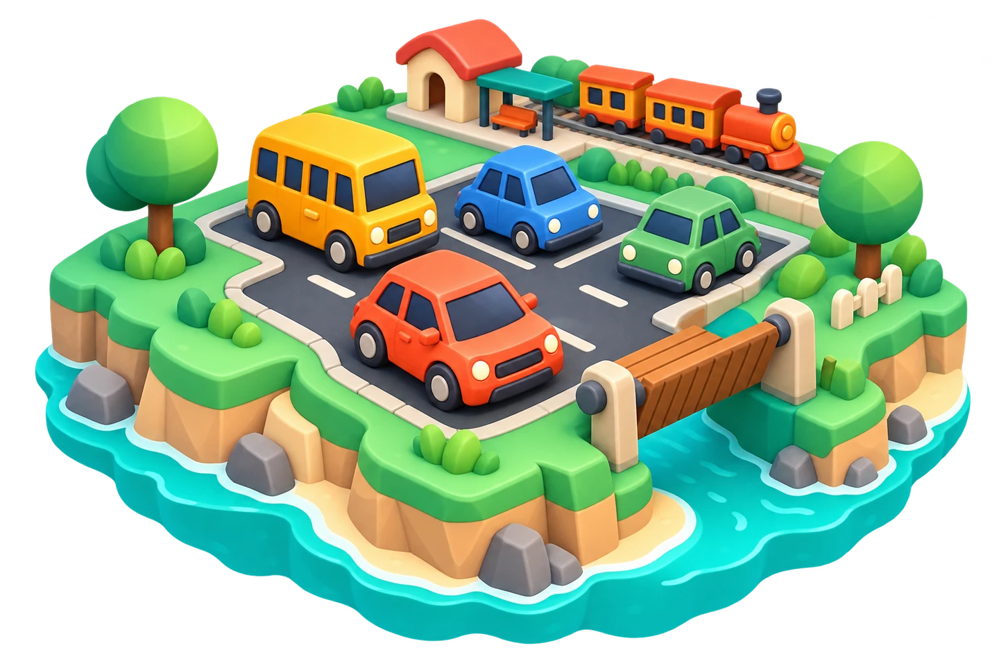 Tiny Traffic artwork: a colorful island with cars, a yellow bus, an orange train and a drawbridge